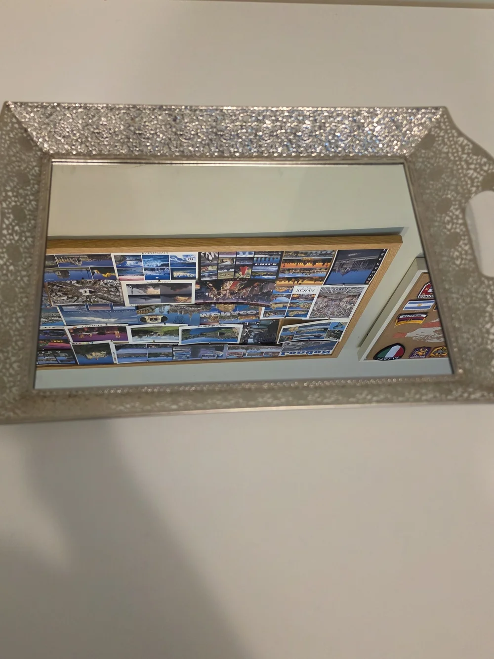 Gold Tone Mirrored Metal & Glass Serving Tray w/ Handles Floral Rectangle 18x13